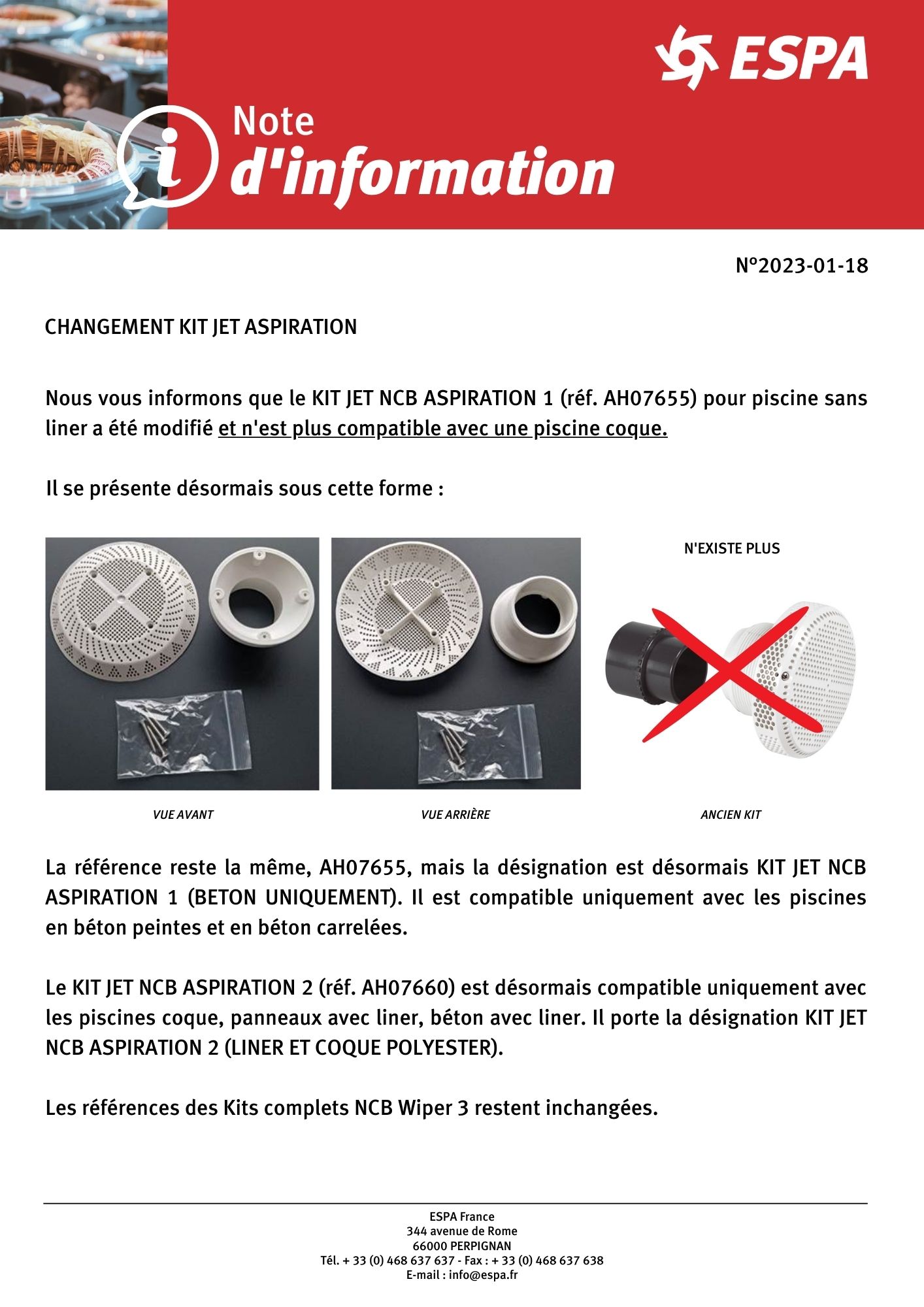 Note d'information N°2023-01-18 - Changement kit Jet aspiration